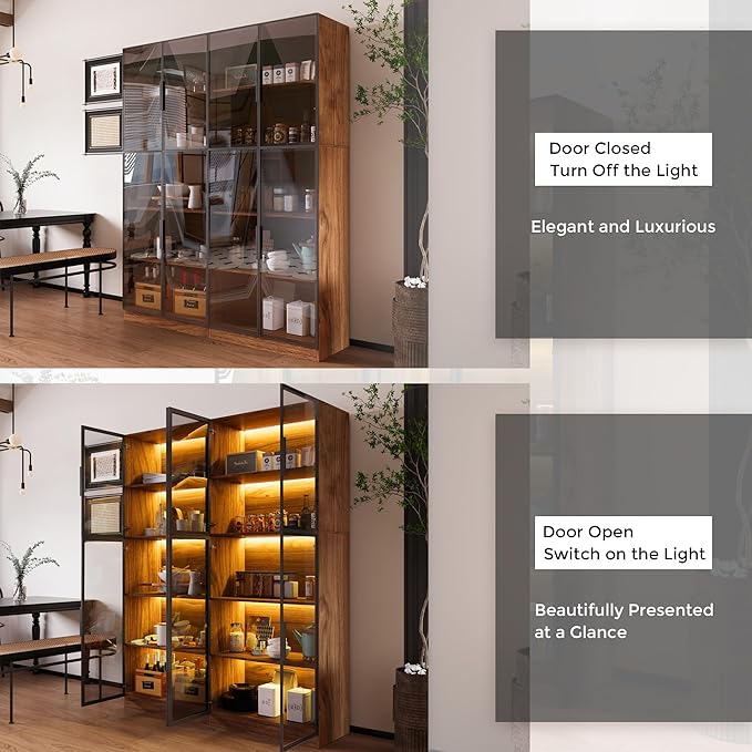 2-Piece Display Cabinet with Glass Doors and Lights, Large Modern Storage Cabinet with 5-Tier Shelves, Trophy Case for Collectibles Living for Room Home Office, Walnut (63" W)