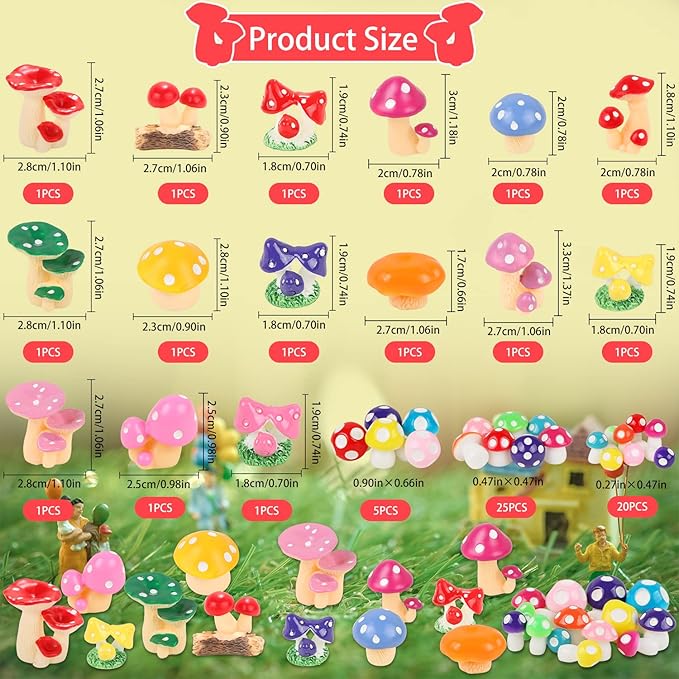 65 Pieces Mini Mushrooms Figurines Colorful Tiny Resin Mushroom Decor for Fairy Graden Craft Fake Mushrooms Moss Landscape DIY Terrarium Cake Topper Party Decoration Home Decor
