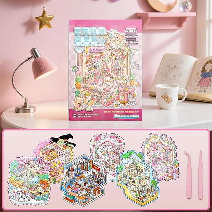 DIY 3D Sticker Book Set (Suitable for Teens & Adults) - 2-Book Set Includes 67 Pages, 26 Adorable Scenes, Tweezers & Clips - Creative Stress-Relief Activity
