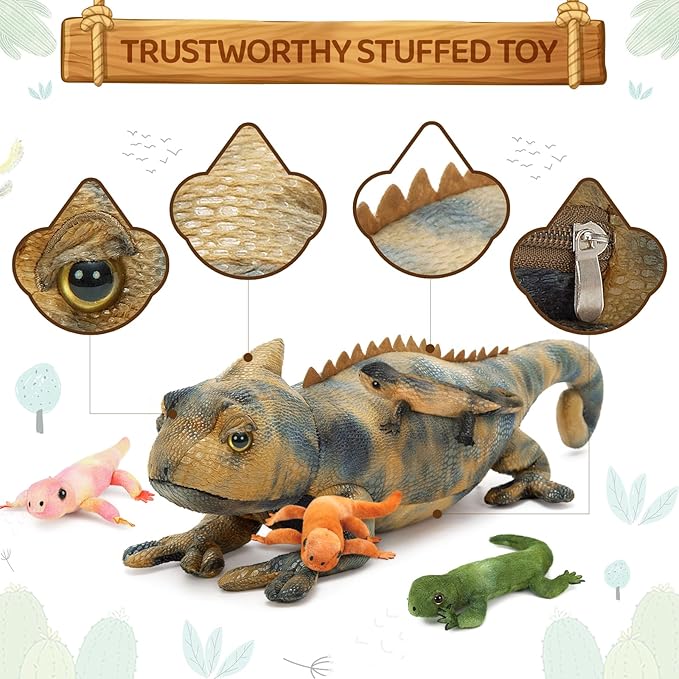 5Pcs Giant Lizard Plush, 27" Mother Iguana Stuffed Animal with 4 Baby Lizard Plushies, Bearded Dragon Plush Toy for Kids Boys Girls, Stuffed Chameleon for Christmas Birthday Gift, Gray