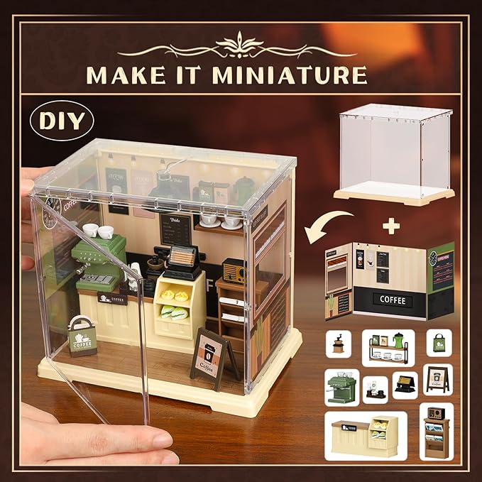 Coffee Shop Tiny House with LED Light Make It Miniature, DIY Miniature House Kit for Adults, Teens, and Beginners, Mini Dollhouse Kit with Home Decor Furniture, Gift for Friends and Hobbies