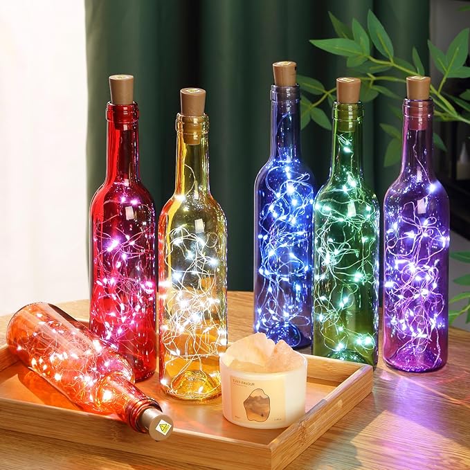 Rtteri 12 Sets Small Empty Wine Bottles with Cork Lights Centerpiece and 30 LED Battery Operated Cork Lights for Birthday Wedding Party Decoration (375 ml,Colorful Bottle)