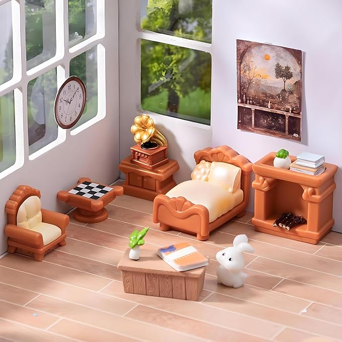 5-Piece Brown Dollhouse Furniture Kit – DIY Decoration Accessories Set, Living Room, Bedroom Furniture (Bed, Sofa, Record Player, Fireplace, Nightstand), Perfect for Fairy Garden & Bedroom Decor