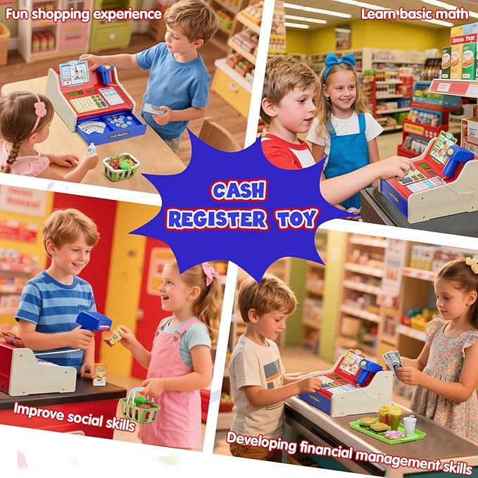 Wee Wonders Wooden Cash Register for Kids with Real Calculator, Rechargeable Cash Register Toy with Scanner/Play Money/Food/Credit Card/Menu, Pretend Play Toys Gifts for Boys Girls Ages 3-8, Blue