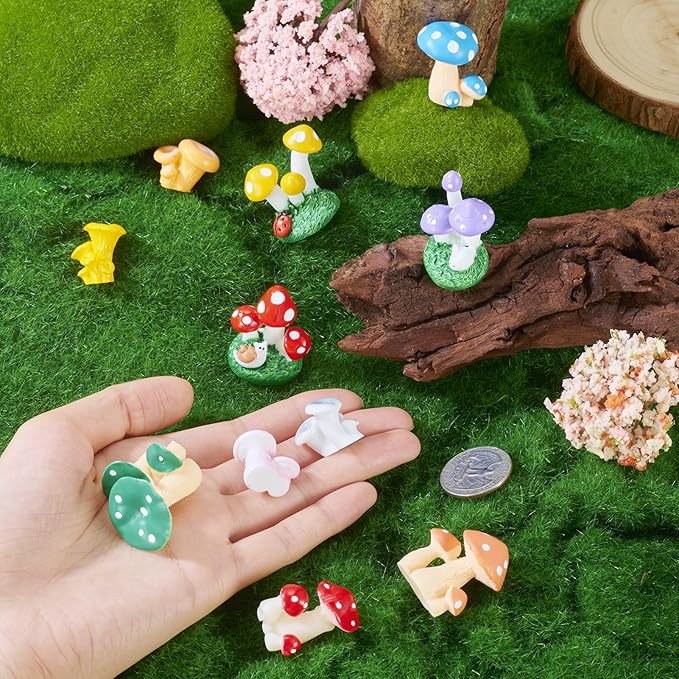 11 Pcs Mini Mushrooms Figurines Tiny Miniature Mushroom Charm Colorful Resin Mushrooms Landscape for Fairy Garden Fish Tank Plant DIY Cake Topper Office Desk Home Party Decor