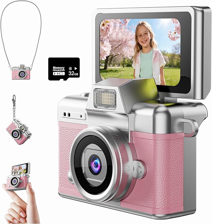 ETODBUWS Mini Keychain Camera, 1080P Digital Camera with 1.47" LCD, 32GB TF Card Included, Pocket-Size Retro Camera for Kids & Adults, Travel Collectible Gift, Pink