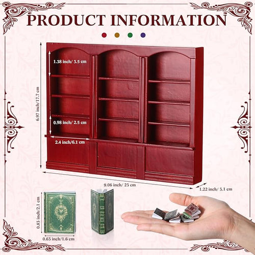1:12 Scale Dollhouse Miniature Wooden Bookshelf with 48 Pcs Miniatures Books, Mini Bookcase Tiny Books for Dollhouse Mini Library Furniture Christmas Decoration Gift(Red)
