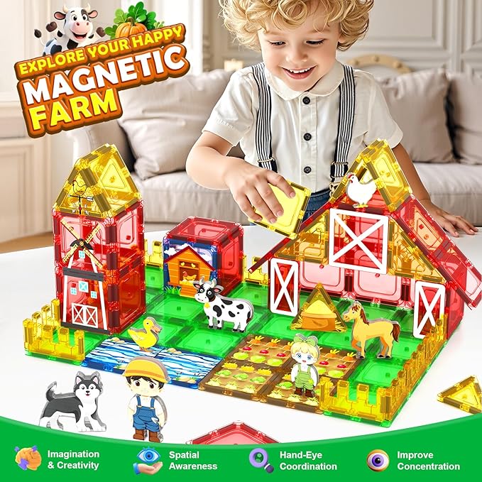 42PCS Magnetic Tiles Farm Animals Toddler Toys, STEM Magnet Building Blocks for Kids Ages 3-5 4-8 5-7, Preschool Montessori Sensory Toys Gifts for 3 Year Old Boys & Girls