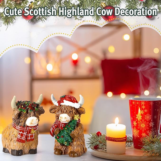 Burbell 2 Pack Christmas Highland Cow Decor Resin Highland Cow Figurine Christmas Cows Gnomes with Santa's Hat Scarf Resin Statue for Garden Table Shelf Home Decor Calf Gnome Herd Gifts