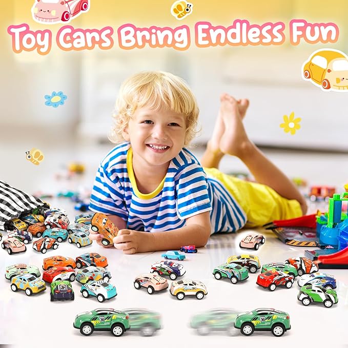 SevenQ Toy Cars for Kids Ages 4-8, 30Pcs Pull Back Cars Playset with Storage Bags, Race Car Party Favors for Toddler Boys Girls Treasure Box Prizes Rewards Mini Toys