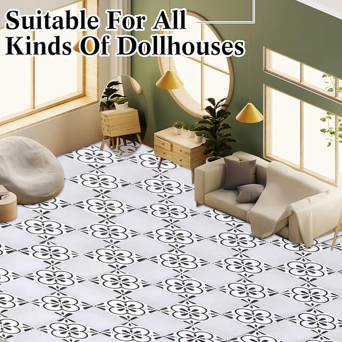 ShinyRelief 120 Pcs Dollhouse Floor Tiles Dollhouse Flooring 1 12 Scale 1 6 Scale Doll House Wallpaper Peel and Stick Miniature Bricks Carpet Double Sided Floor Tile (Floral Marble)