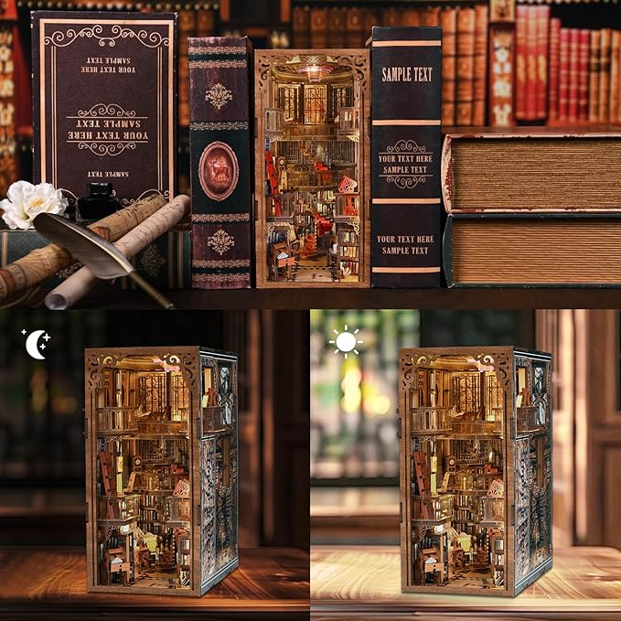 Book Nook Library Kit, DIY Miniature Dollhouse Booknook Kit, 3D Wooden Puzzle Bookend Bookshelf with LED Light for Adults Teens (Abbey Library)