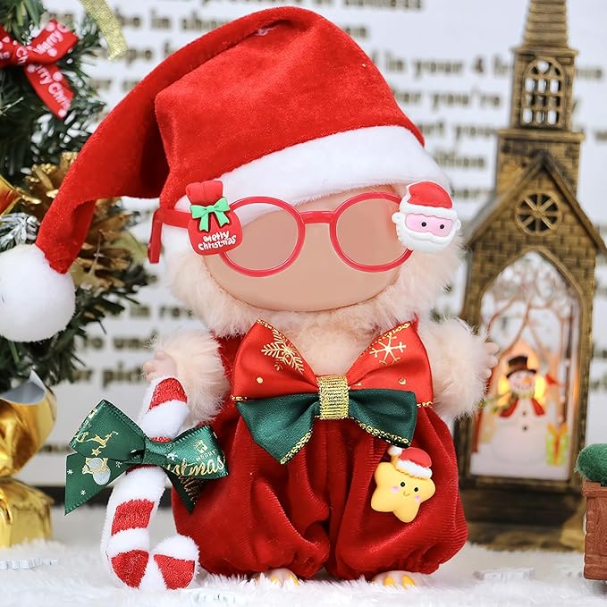 Christmas Clothes for LABUBU Doll (NO Doll), 3-Piece Christmas Overalls Outfits for LABUBU 17cm Dolls, Premium Clothing for LABUBU Unique Dress Up - Christmas Hat + Overalls + Glasses