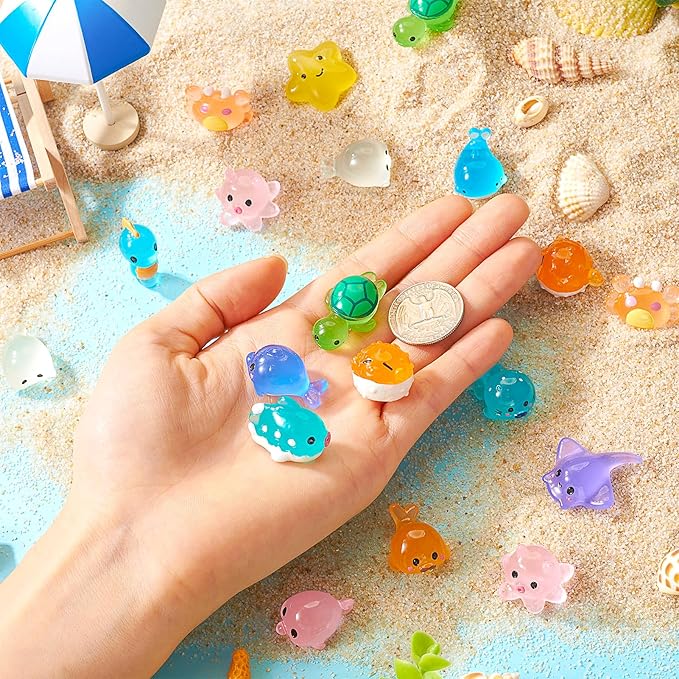 Beadthoven 28pcs Luminous Mini Resin Sea Animals Figures, Fish Crab Star Turtle Figurine Glow in The Dark Miniature Ocean Animal Ornaments for Fish Tank Potted Garden Decoration DIY Micro Landscape