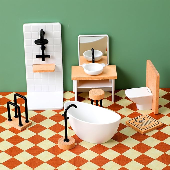 DOITOOL Doll House Bathroom Set 1:12 Scale Dollhouse Furniture, Miniature Dollhouse Modern Bathroom Accessories, Toilet Bathtub Sink and More, Wood and Plastic