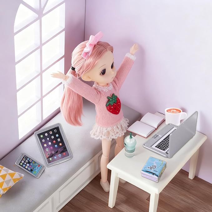 DIYDEC 17pcs Dollhouse Laptop Accessories 1:12 Scale Miniature Laptop Computer Tablet Phone Book Coffee Headset Pen Tiny Stuff Doll House Miniatures Play Figurines Accessories