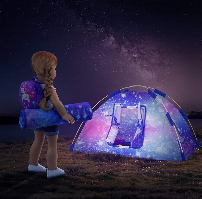 Ecore Fun 5 Items 18 inch Dolls Camping Tent Set and Accessories Including 18 Inch Girl Doll Tent, Sleeping Bag, Backpack, Toy Camera and Dog