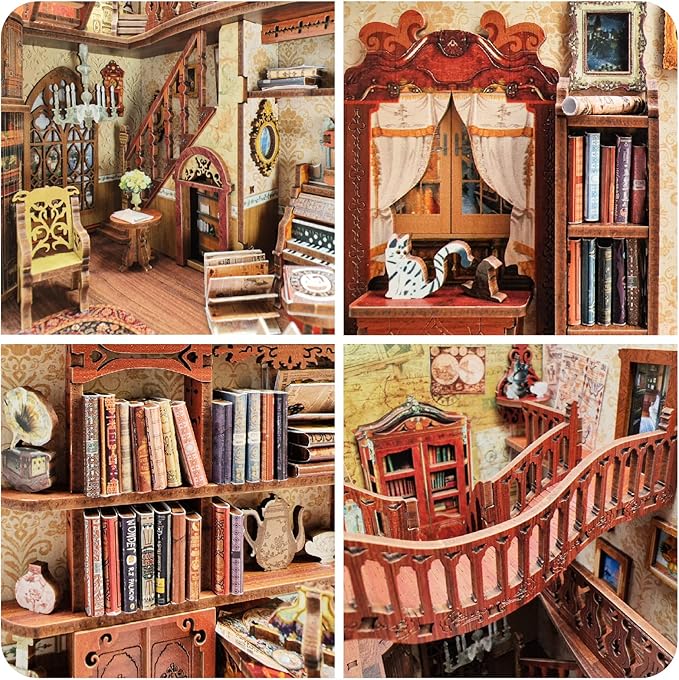 DIY Book Nook Kit 3D Puzzle Wooden Bookends Dollhouse Decorative Bookend Toy for Teenagers Stand Kit Model Kits for Adults to Build 3D Creativity Kit with LED Light