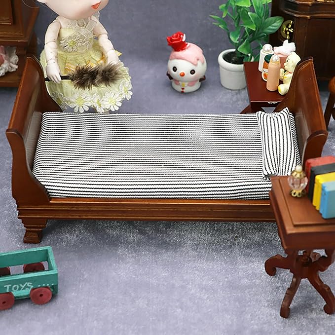 1/12 Dollhouse Bed Miniature Single Bed Vintage Woode Mini Bed for for 6 inch Dolls Dollhouse Bedroom Furniture with Bedding Fabric (Brown)
