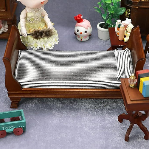 1/12 Dollhouse Bed Miniature Single Bed Vintage Woode Mini Bed for for 6 inch Dolls Dollhouse Bedroom Furniture with Bedding Fabric (Brown)