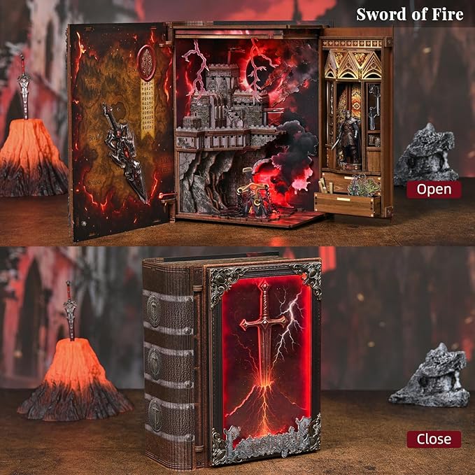 MiniCity Magic Book Nook Building Set with Lights, DIY Booknook Building Model Kit for Home Bookshelf Decor, Miniature House Building for Adults Teens (The Sword of Fire)