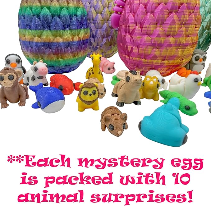 Articulating Animal Figurines – 10-Pack Mystery Mini Collectibles in Egg | 35+ Designs, Rainbow Colors, Premium Toys | Unique Gift for Kids & Adults by VDK Printing (MysteryEgg010)
