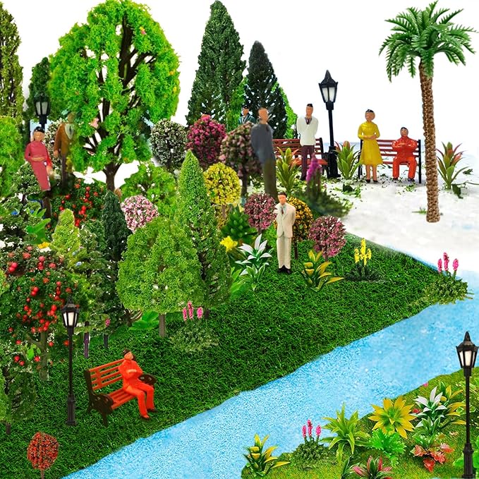 QuarenDen Model Scenery Kit, 47pcs, Painted Figures, Model Train Scenery, Miniature Trees, Model Trees, Model Grass Mat for Miniature Scene Landscape