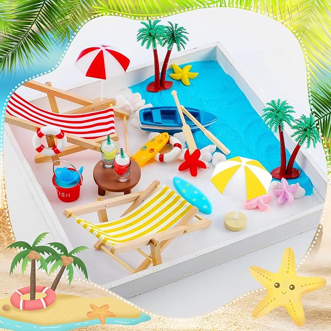 Minatee 25 Pcs Beach Miniature Dollhouse Decoration, Umbrella Palm Chair Miniature Toys Garden Dollhouse Outdoor Accessories Beach Decorations for DIY Garden Plant Pool(Red, Yellow)
