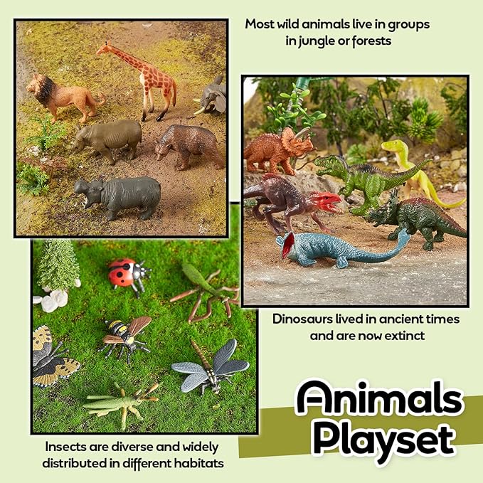 Insects and Bugs for Kids, Dinosaur Toys, Safari Jungle Animal Figures, 3 in 1, Gift for Boys Girls, 36 Pack