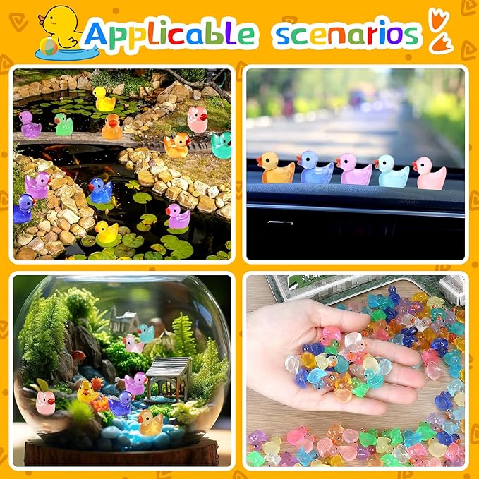 225PCS Mini Ducks Glow in The Dark Tiny Ducks Luminous Resin to Hide and Seek Pranks Micro Garden Landscape Aquarium DIY Decoration Craft (15 Colors)