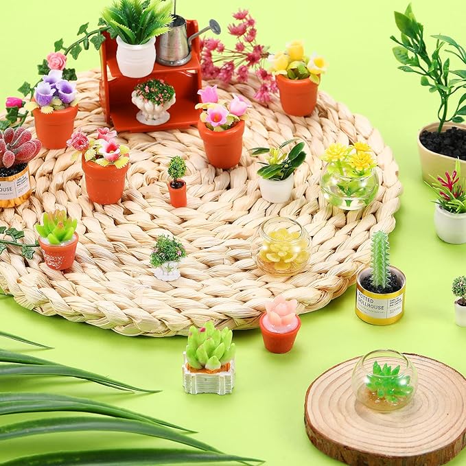 Luinabio 26 Pieces Dollhouse Plant Miniature Bonsai Mini Potted Plant Flower Model Tiny Fake Greenery Ornament Dollhouse Decoration(Stylish Style)