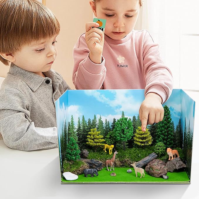 codree 4 Pcs Jungle Style Diorama Box and Fake Grass Decor, Rainforest Diorama Supplies Project Box Set, Cardboard Diorama Kit & Artificial Grass with Double Sided Tapes for DIY Crafts Toys Dollhouse