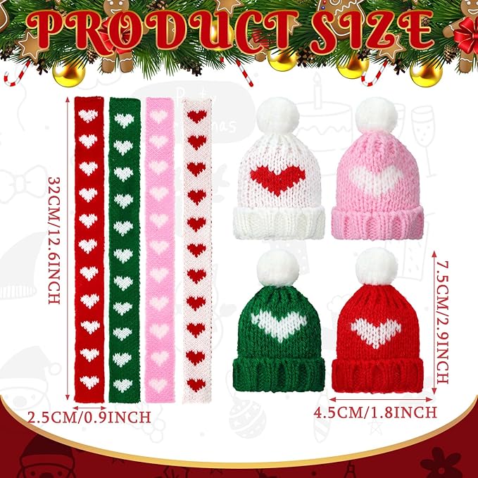 Geyoga 16 Pcs Mini Knit Doll Hat Valentines Day Small Santa Hat for Craft Winter Mini Snowman Hats and Scarf Tree Ornaments Snow Stripe Heart Wine Bottle DIY Decor Gifts