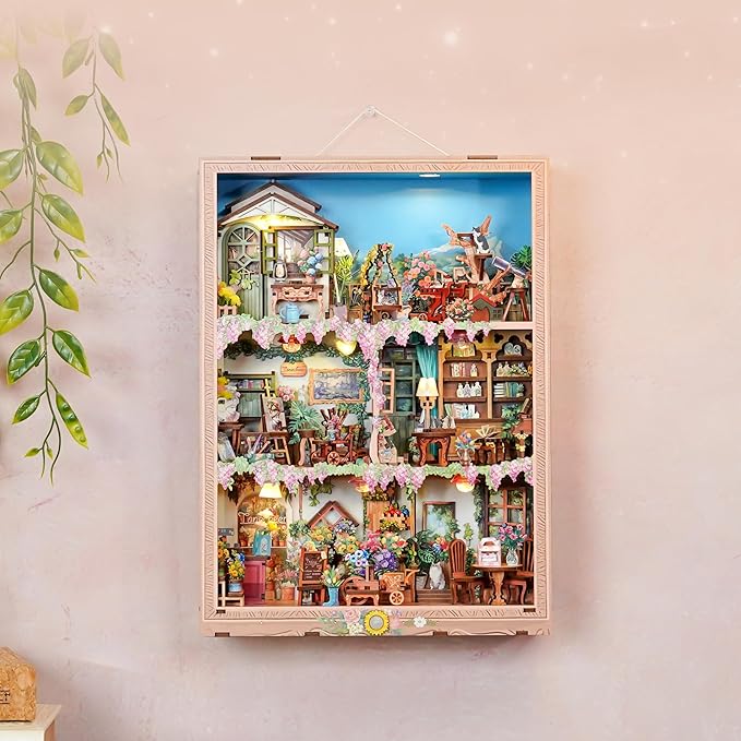 Tonecheer DIY Miniature House Kit, Book Nook Dollhouse Story Frame Kit Wooden 3D Puzzle, Wall Mountable Decor Diorama Model with Dust Cover and LED for Ideal Gift - Blossom Time
