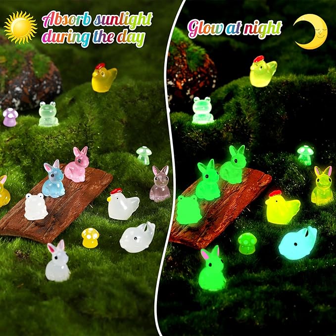 135 PCS Luminous Mini Resin Ducks Tiny Glow in The Dark Duck/ Chickens/ Rabbit/ Frogs /Dolphin /Mushroom/ 6 Combination Sets Resin Miniature Animals for Micro Landscape Dollhouse Garden Decoration
