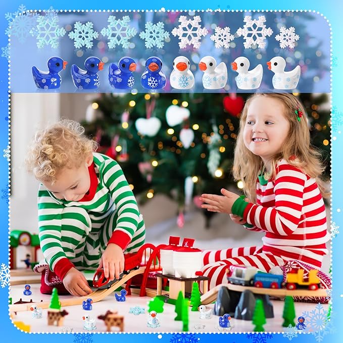 80 Pcs Mini Ducks Snowflake, Tiny Resin Ducks Figures Bulk, Cute Miniature Figurines for Winter Christmas Accessories Miniature Landscape Fairy Garden Dollhouse Party Favors Decor (6 Styles)