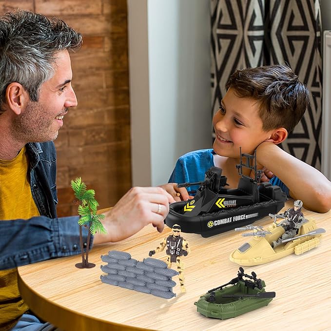 deAO Military Vehicles Set - Combat Boat Toy with 2 Army Men Figures, Batter Boat and Other Weapon Gear Accessories, Great Gift for 3-5+ Boys