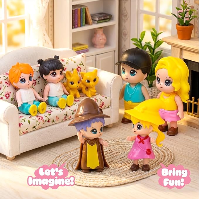 Toy Family People Figures Playset – Dollhouse Figurine Set with Wizard Guests for Imaginative Doll House Play - Features Parents, Kids, Pets & Two Wizards | Pretend Play Storytelling Toy for Kids