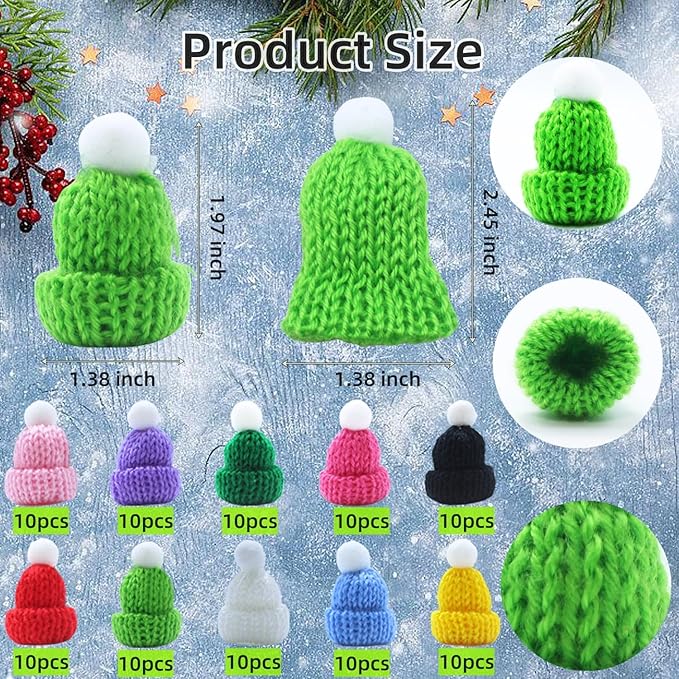 YGbridge Mini Santa Hats, 100PCS Mini Hats for Crafts, Christmas Tiny Hat Knitting Doll Hat for Christmas Craft Supplies, Tree Ornaments, Snowman Doll Decor, DIY Art Yarn (Multi-Color, 100PCS)