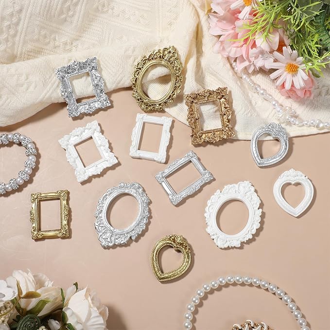 12 Pcs Miniature Dollhouse Accessories Gold Foil Mini Picture Frames Set Dollhouses Ornaments for Crafts Victorian Baroque Style Dollhouse Frames in Gold Silver White for 1/12 Scale Display