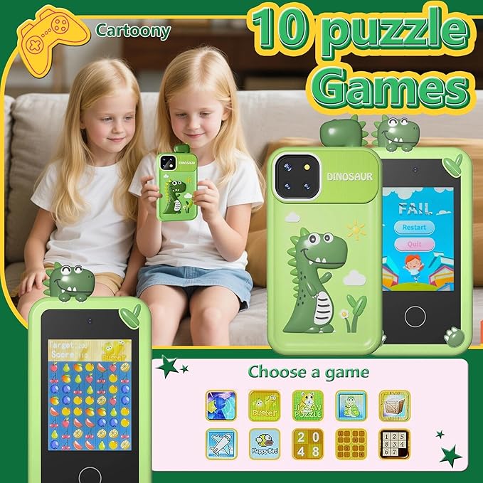 BEBESIRI Kids Camera Mini Smartphone Toy for Boys & Girls - 2.8" Touch Screen, 22 Learning Games, Dual Camera, Music Player, 32GB Card, Christmas Birthday Gift (Green Dinosaur)