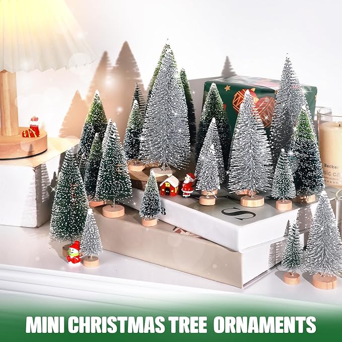 30Pcs Mini Christmas Trees Artificial Christmas Tree Bottle Brush Trees with Wooden Base for Christmas Decor Christmas Party Home Table Craft Decorations(Dark Green+Silver)