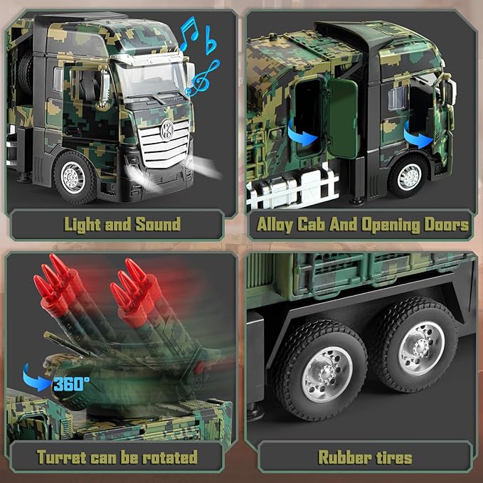 Army Toys for Boy, Military Vehicle Toy with 6 Missile Launcher, Pull Back Army Model Truck with Light and Sound, Military Missile Alloy Vehicle Toys for Kids Age 3-6