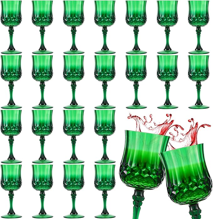 Pinkunn 24 Pcs 7 oz Plastic Vintage Wine Glasses Reusable Colored Goblets Patterned Drinking Water Glasses Cup Dishwasher Safe for Valentine's Day Wedding Reception Party Supplies (Green)