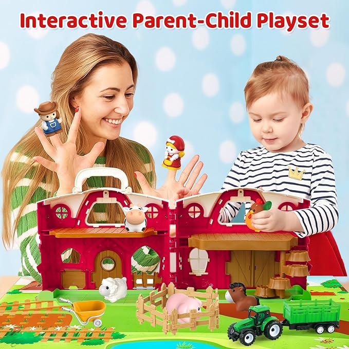 Farm Animal Toys for 1 2 3 Year Old Toddlers, Big Red Barn with Farm Mat & Animals & Tractor Toy for Boys Girls, Montessori Learning Interactive Barn Set for Kids 1-3, Ideal Christmas Birthday Gifts
