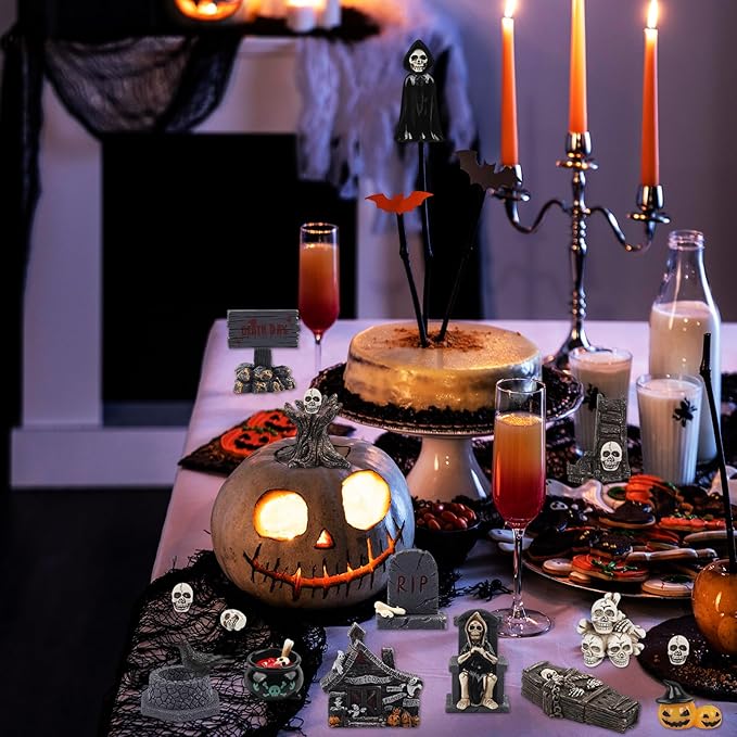 21 PCS Halloween Miniatures Figurines Resin Tombstones Figures Miniature Tombstones Miniatures Skeleton Pumpkin Ghost Ornaments for Halloween Party Favors Fillers Home Tabletop Decor