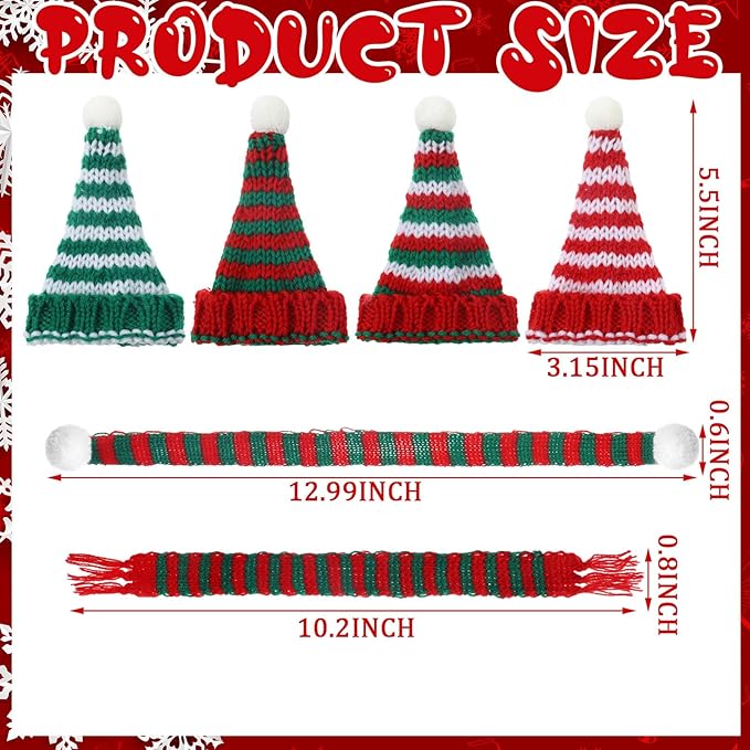Geyoga 16 Pcs Mini Knit Doll Hat Valentines Day Small Santa Hat for Craft Winter Mini Snowman Hats and Scarf Tree Ornaments Snow Stripe Heart Wine Bottle DIY Decor Gifts