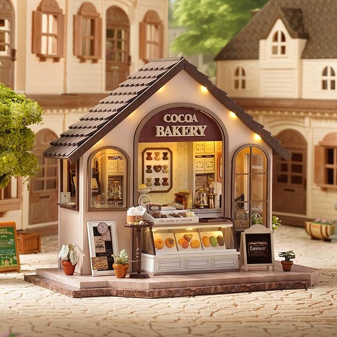 TuKIIE DIY Miniature House Kit with Furniture, 1:24 Scale Creative Room Mini Wooden Christmas Dollhouse Book Nook Plus Dust Proof & Music Movement for Kids Teens Adults(Leisurely Bakery)