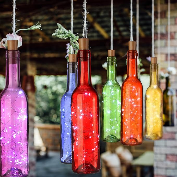 Rtteri 12 Sets Small Empty Wine Bottles with Cork Lights Centerpiece and 30 LED Battery Operated Cork Lights for Birthday Wedding Party Decoration (375 ml,Colorful Bottle)