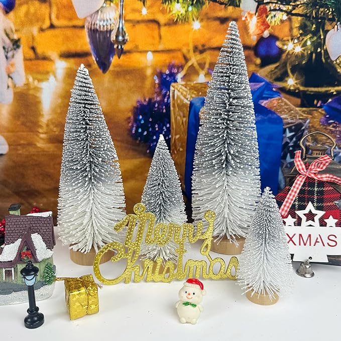 Mini Christmas Tree Bottle Brush Christmas Trees Decor for Christmas Decorations Wooden Bases (Silver and White)